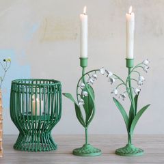 Toleware Floral Green Metal Taper Holder Set of 2