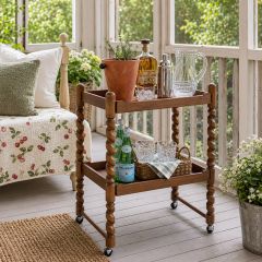 Turned Leg Tiered Wood Rolling Bar Cart