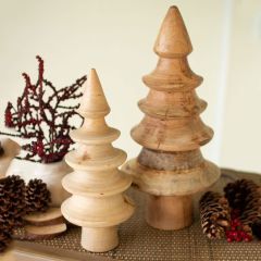 Turned Wood Carved Christmas Tree Set of 2