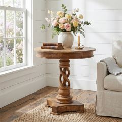 Twisted Wood Round Pedestal Accent Table