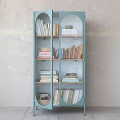 Two Door Blue Wood and Metal Display Cabinet | SHIPS FREE