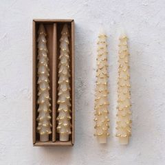 Unscented Tree Shaped Eggnog Taper Candle Gold Edge Set of 2