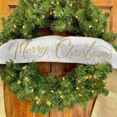 Velvet Embroidered Merry Christmas Wreath Sash White