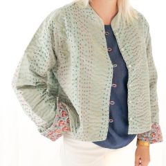 Velvet Mint And Block Print Reversible Kantha Jacket