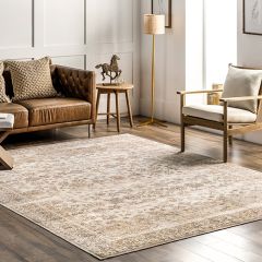 Vintage Floral Neutrals Washable Area Rug