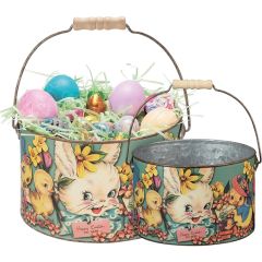 Vintage Inspired Decorative Metal Easter Buckets Set of 2