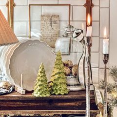 Vintage Inspired Stoneware Christmas Tree Figurine  8 Inch Set of 2