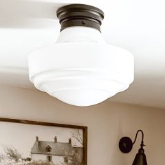 Vintage Milk Glass Shade Semi Flush Light Matte Black 16 inch