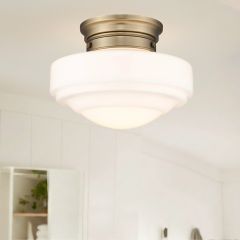 Vintage Milk Glass Shade Semi Flush Light Modern Brass 12 Inch