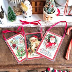 Vintage Santa Metal Postcard Ornament Set of 6