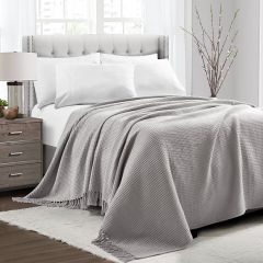Waffle Cotton Knit Tassel Fringe Coverlet Light Grey