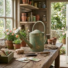 Weathered Cottage Green and Gold Watering Can