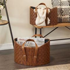 Weaved Leather Basket With Strap Set of 2