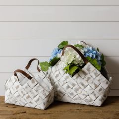 Weaved Wood Basket With Leather Handles Set of 2