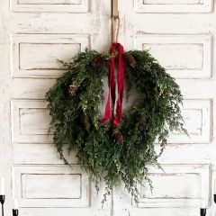 Weeping Faux Cedar and Cones Hanging Wreath 28 Inch