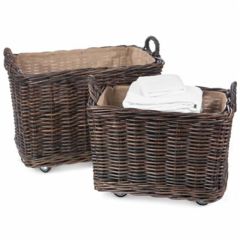 Wheeled Dark Rattan Basket Set of 2