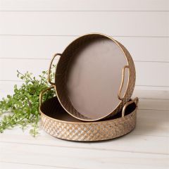White and Gold Lattice Round Metal Tray Set of 2