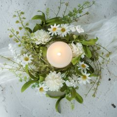 White Pom Pom Wildflower Candle Ring Wreath
