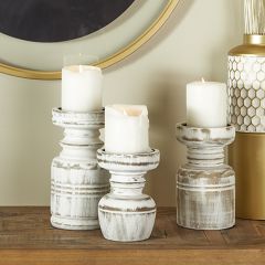 Whitewash Turned Wood Pillar Candle Holders Set of 3