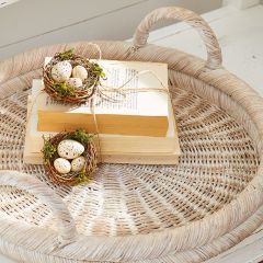 Whitewashed Round Rattan Handled Tray