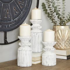 Whitewashed Wood Bead Candle Holder Set of 3