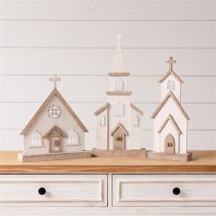 Whitewashed Wooden Church Tabletop Figures Set of 3