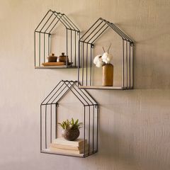 Wood and Metal House Wall Shelf Set of 3