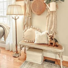 Wood and Woven Rattan Bench Seat