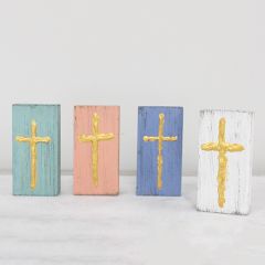 Wood Block With Hand Painted Cross Set of 4