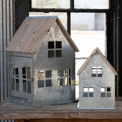 Wood Roof Metal Christmas Cottage, Set of 2