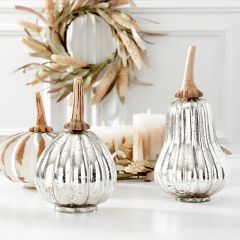 Wood Stem Mercury Glass Pumpkins Set of 2