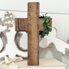 Wooden Cross With Wreath Tabletop Decor