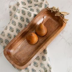 Wooden Dough Bowl with Brass Bird Detail