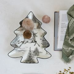 Woodland Deer Motif Tree Shaped Ceramic Plate