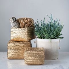 Woven Metallic Gold Lidded Seagrass Box Set of 3
