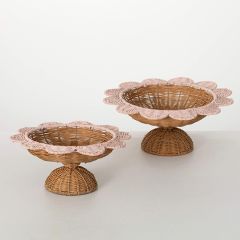 Woven Rattan Bowl On Pedestal Base Set of 2