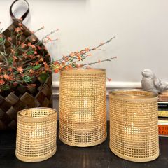 Woven Rattan Wrapped Candle Holder Vase Set of 3