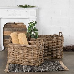Woven Rectangle Rattan Basket With Handles Set of 2
