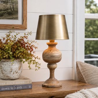 Carved Wood Base Table Lamp With Brass Shade