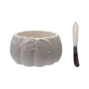 Ceramic Pumpkin Bowl with Canape Knife