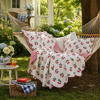 Cherry Print Scalloped Quilt and Sham Set