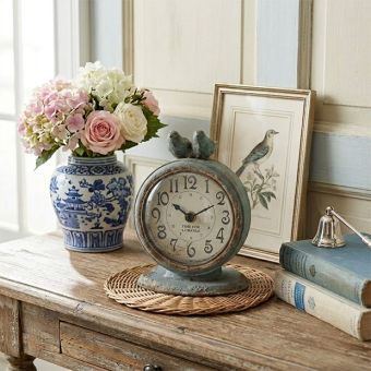 Distressed Pewter Table Clock With Birds