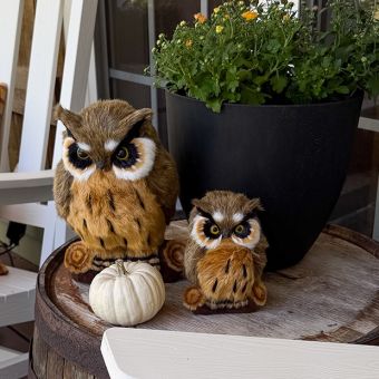 Faux Fur Woodland Great Horned Owl Figure Set of 2