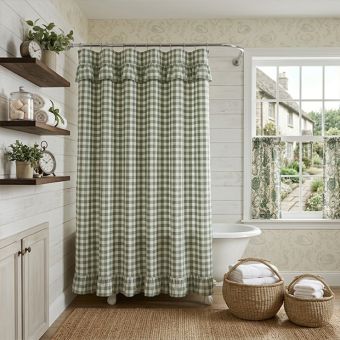Green Buffalo Check Ruffled Shower Curtain