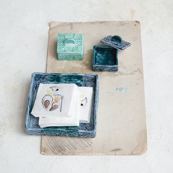 Painted Blues Lidded Salt Box Set of 2 With Matching Napkin Holder
