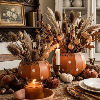 White Polka Dot Metal Pumpkin Bucket Set of 2