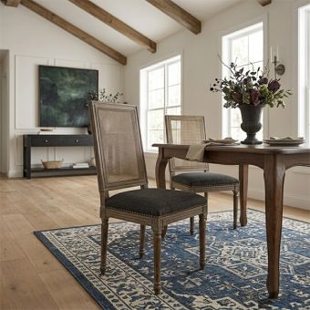 Woven Cane Back Dark Upholstered Chair