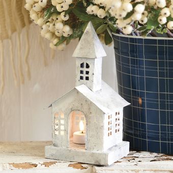 Iced Antiqued Church Candle Lantern 11 Inch
