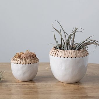 Rattan Stitched Stoneware Planter Pot One of Each