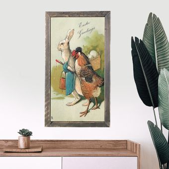 Rustic Framed Vintage Easter Bunny and Rooster Wall Art